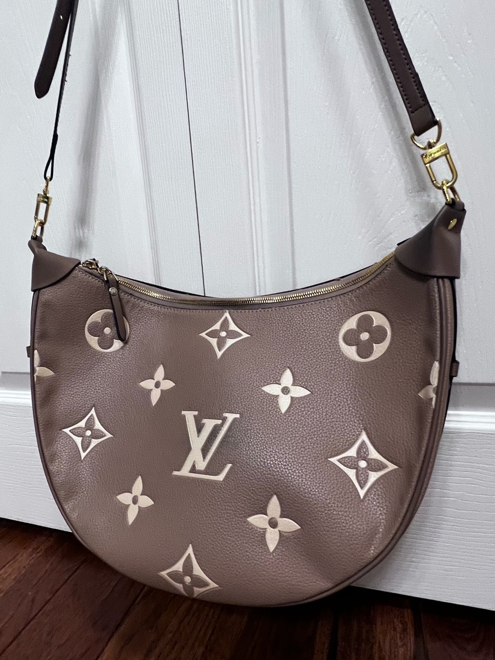 Inspired taupe and cream Monogram Crescent Shoulder Bag
